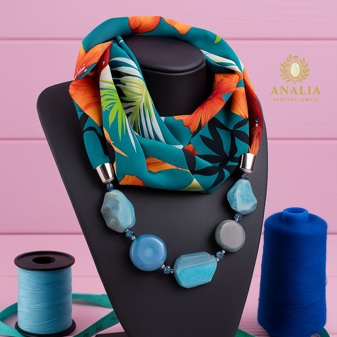 Printed Silk Scarf with Agate Beads | Analia Heritage Jewels