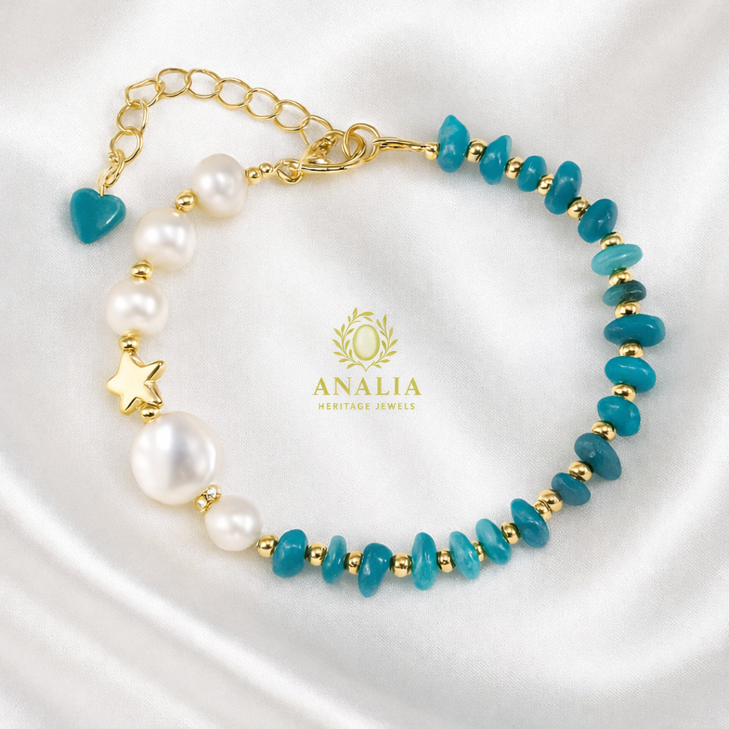 Fresh Water Pearl Bracelet with Langling Stone | 18K Gold Plated | Analia Heritage Jewels