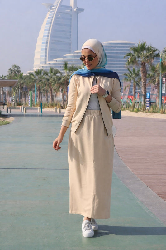 Beige Modest Acivewear With Hijab Set