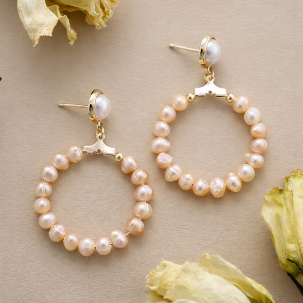 Pink, Fresh Water Pearl, Hoop Earrings | Gold Plated | Analia Heritage Jewels