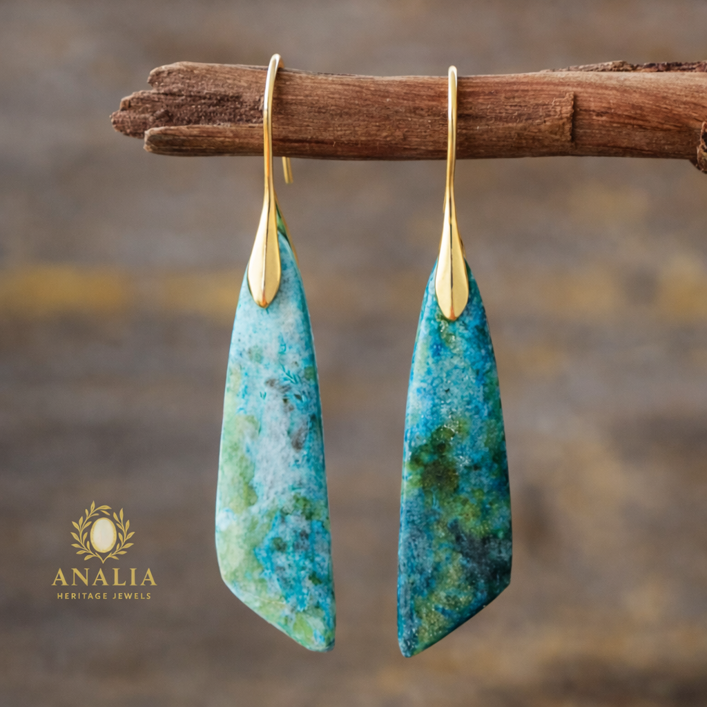 Natural Amazonite Stone, Chunky Earrings | Gold Plated | Analia Heritage Jewels