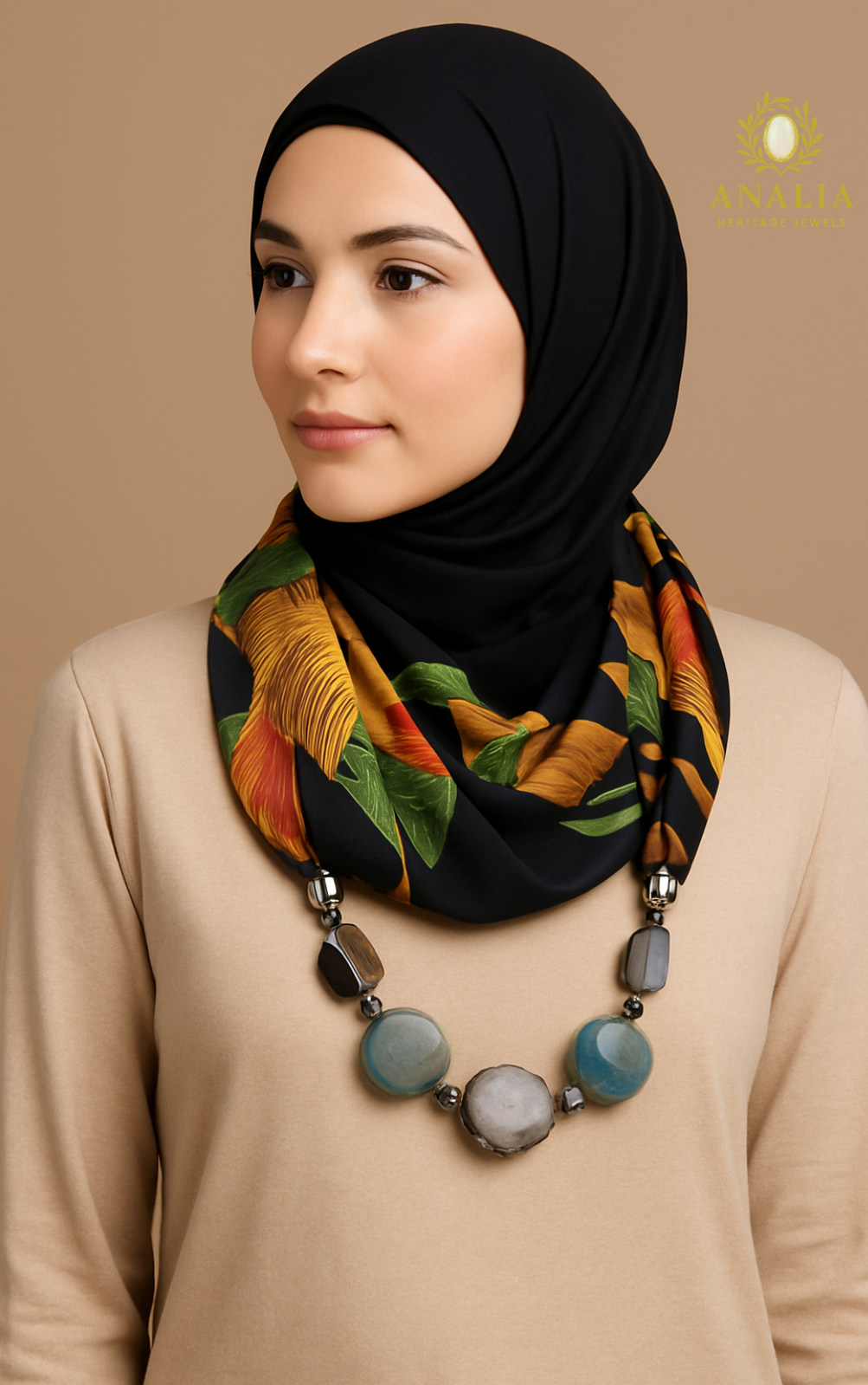 Printed Silk Scarf with Agate Beads | Analia Heritage Jewels
