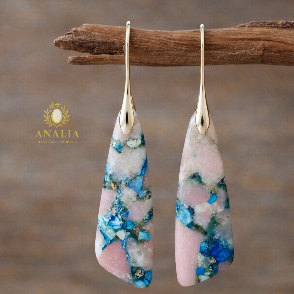 Natural Amazonite Stone, Chunky Earrings | Gold Plated | Analia Heritage Jewels