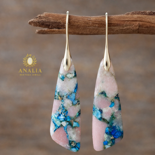 Natural Amazonite Stone, Chunky Earrings | Gold Plated | Analia Heritage Jewels