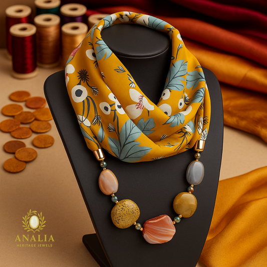 Printed Silk Scarf with Agate Beads | Analia Heritage Jewels