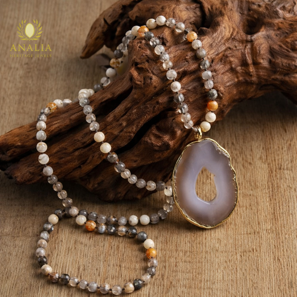 White & Brown, Bamboo Agate Beaded Long Necklace | Analia Heritage Jewels