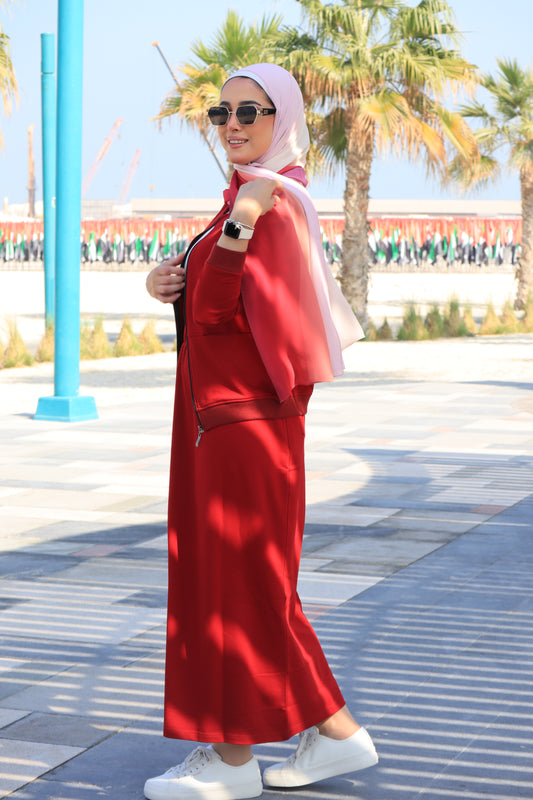 Red Modest Acivewear With Hijab Set